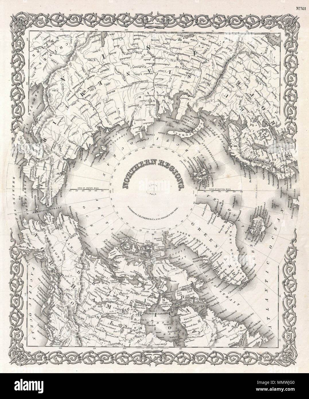 . Anglais : ce rare carte colorée à la main est une plaque de cuivre gravure, datant de 1855 par le célèbre cartographe américain du xixe siècle, J. H. Colton. Il s'agit d'une représentation du pôle nord et est officiellement intitulée "Les régions du Nord". C'est une rare et historiquement importants carte comme les régions polaires étaient encore relativement inexploré lorsqu'elle a été rédigée. Les passages du Nord-Ouest et du Nord-Est sont délimités et la plupart des littoraux d'Amérique du Nord, en Europe et en Asie sont indiqués avec précision relative. Publié par J. H. Colton's 172 William Street, à New York. Les régions du nord.. 1855 (daté). 1 Banque D'Images