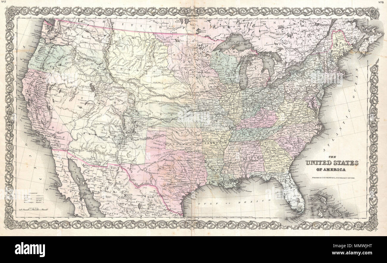 . Anglais : une excellente première édition Exemple de Colton est rare carte des États-Unis. Couvre les États-Unis d'un océan à l'autre et montre une configuration très tôt de l'Transmississippi. Le Nebraska est illustré au maximum de sa, l'extension du Kansas à la frontière canadienne. Montana, Wyoming, Colorado, l'Arizona, le Colorado, la Virginie de l'Ouest, et du Nevada n'apparaissent pas encore sur la carte. 4610 identifie, Fremont's Peak, Mt. Rainier, Mt. St Hélène, et les trois Tetons. Identifie également les chemins pris par divers explore notamment Fremont et Humboldt. Indique les trois principaux rout proposé Banque D'Images