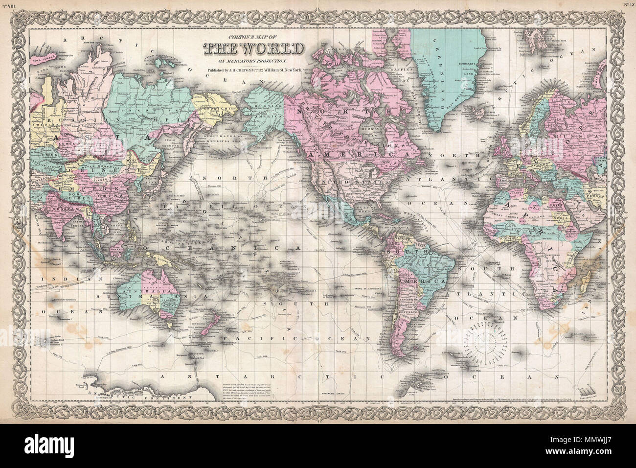 Anglais Une Belle Premiere Edition 1855 Exemple De Colton S Carte Du Monde Sur Une Projection De Mercator Centree Sur Le Continent De L Amerique Cette Carte Du Monde Est Colorie A Anglais Une Belle Premiere Edition 1855 Exemple De Colton S Carte Du Monde Sur Une Projection De Mercator Centree Sur Le Continent De L Amerique Cette Carte Du Monde Est Colorie A