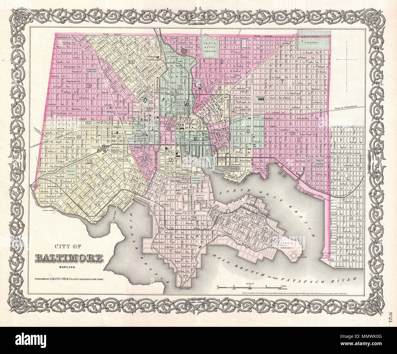. Anglais : Un excellent 1855 Première édition Exemple de Colton est rare site de Baltimore, Maryland. Couvre la ville de Gwinns (chutes et pont) de la 7e rue et du Vert Mont cimetière pour la rivière Patapsco. Colorié à la main en rose, vert, jaune et bleu pastel pour identifier les quartiers urbains. En général cette carte offre des détails extraordinaires au niveau des rues et bâtiments. Identifie l'hôpital de la ville, Railroad Depot, Mt. Clare, St Mary's College, et la prison de la ville. Entouré par Colton's motif spirale typique de frontière. En date du et la propriété de J. H. Colton, 1855. Publié dans l'édition Banque D'Images