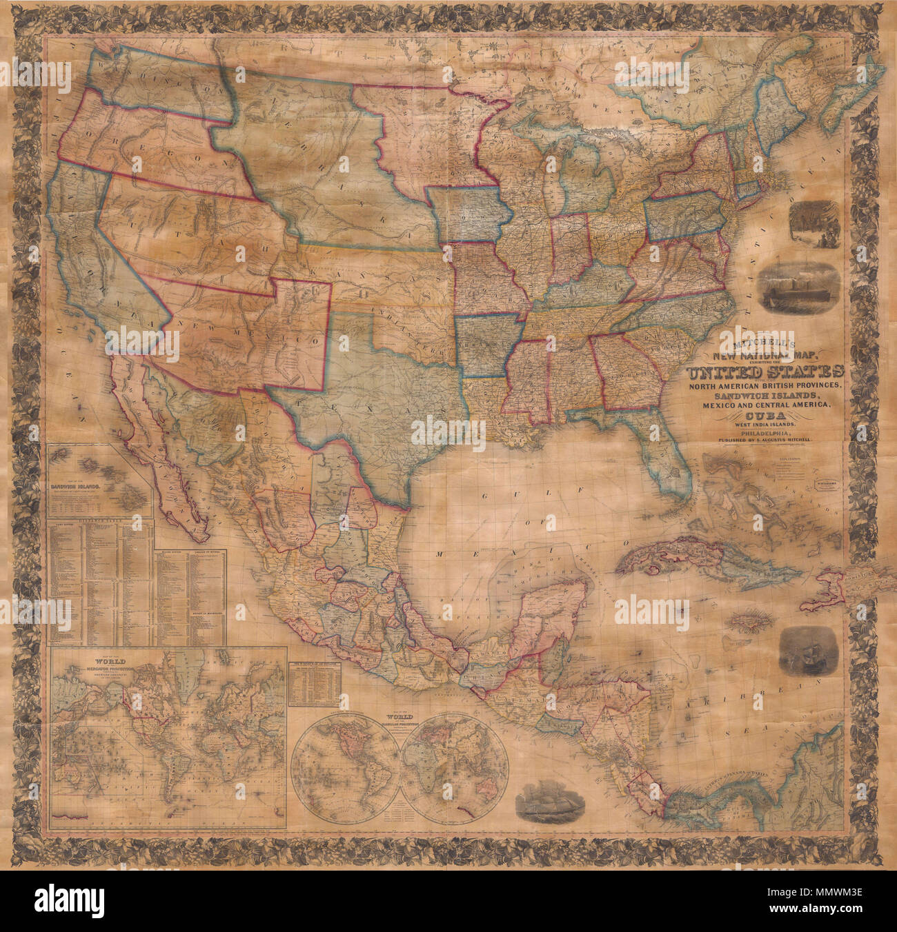 . Anglais : c'est la première édition de Mitchell est important 1856 carte murale des États-Unis, le Mexique et les Antilles. Depictss la nation tout entière de l'Atlantique au Pacifique avec des cartons intérieurs du monde sur la projection de Mercator et le monde sur la projection sphérique, et les îles Sandwich (Hawaii). Dans son livre important sur la cartographie de l'Ouest 1540-1861 Blé Transmississippi , appelle ce site une "réalisation" et la partie ouest il décrit de façon très détaillée. Cette carte murale comprend le territoire acquise après la guerre américaine et mexicaine est l'une des meilleures scènes de l'Ouest Banque D'Images