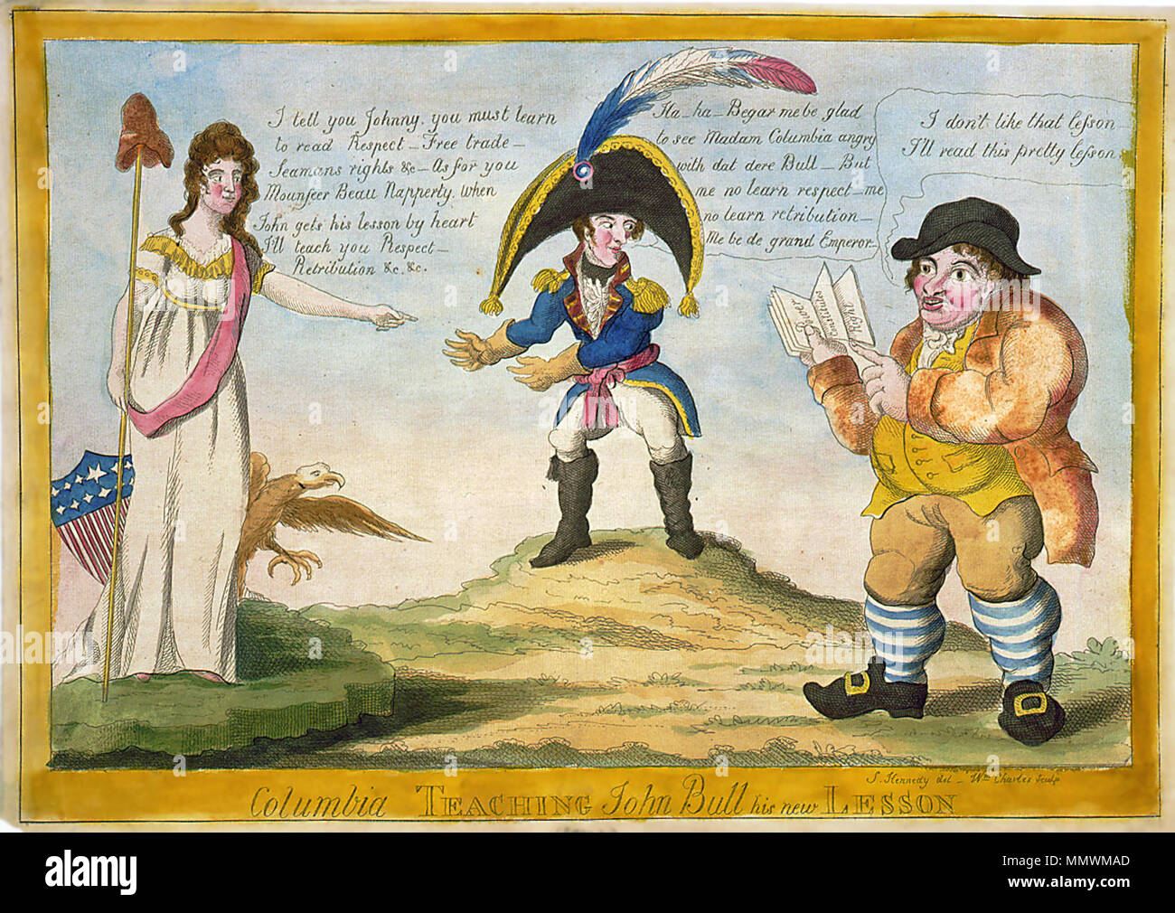 . "L'enseignement de la Colombie-Britannique John Bull sa nouvelle leçon', d'une ca. 1813 caricature présentant une vue américaine de la guerre de 1812. Sur la gauche, Colombie-Britannique (la personnification de la United States, tenant un poteau avec un capuchon sur la liberté, et avec une étoile-et-stripes bouclier derrière elle) a dit : "Je vous dis Johnny, vous devez apprendre à lire ce qui concerne le libre-échange -- -- Droits de marin &c. -- Quant à vous, Beau Mounseer Napperty, lorsque John obtient sa leçon par coeur, je vais vous apprendre le respect, de vengeance, &c &c.' au milieu, une stature Napoléon dit : "Ha Ha -- Begar, moi être heureux de voir madame la Colombie-Britannique en colère avec dat dere Jo Banque D'Images