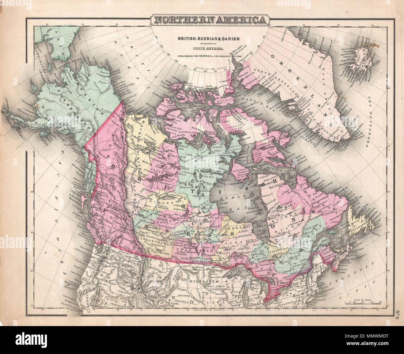 . Anglais : c'est le rare 1857 Question de J. H. Colton's Carte de l'Amérique du Nord (Colombie Britannique, russe et danois.) couvre toute la zone de ce qu'est le Canada d'aujourd'hui, aussi bien que ce qui est maintenant l'Alaska et du Groenland. Divisé et la couleur codée selon la province et le pays. Montre les routes principales et des chemins de fer ainsi que géologiques telles que lacs et rivières. Comme la plupart des cartes Colton cette carte est datée de 1855, mais plus vraisemblablement a été publié dans le numéro 1857 de l'Atlas de Colton . C'était la seule question de l'Atlas de Colton qui semblait sans sa marque de grilles frontière. Datée et protégé par copyright : "Ent Banque D'Images