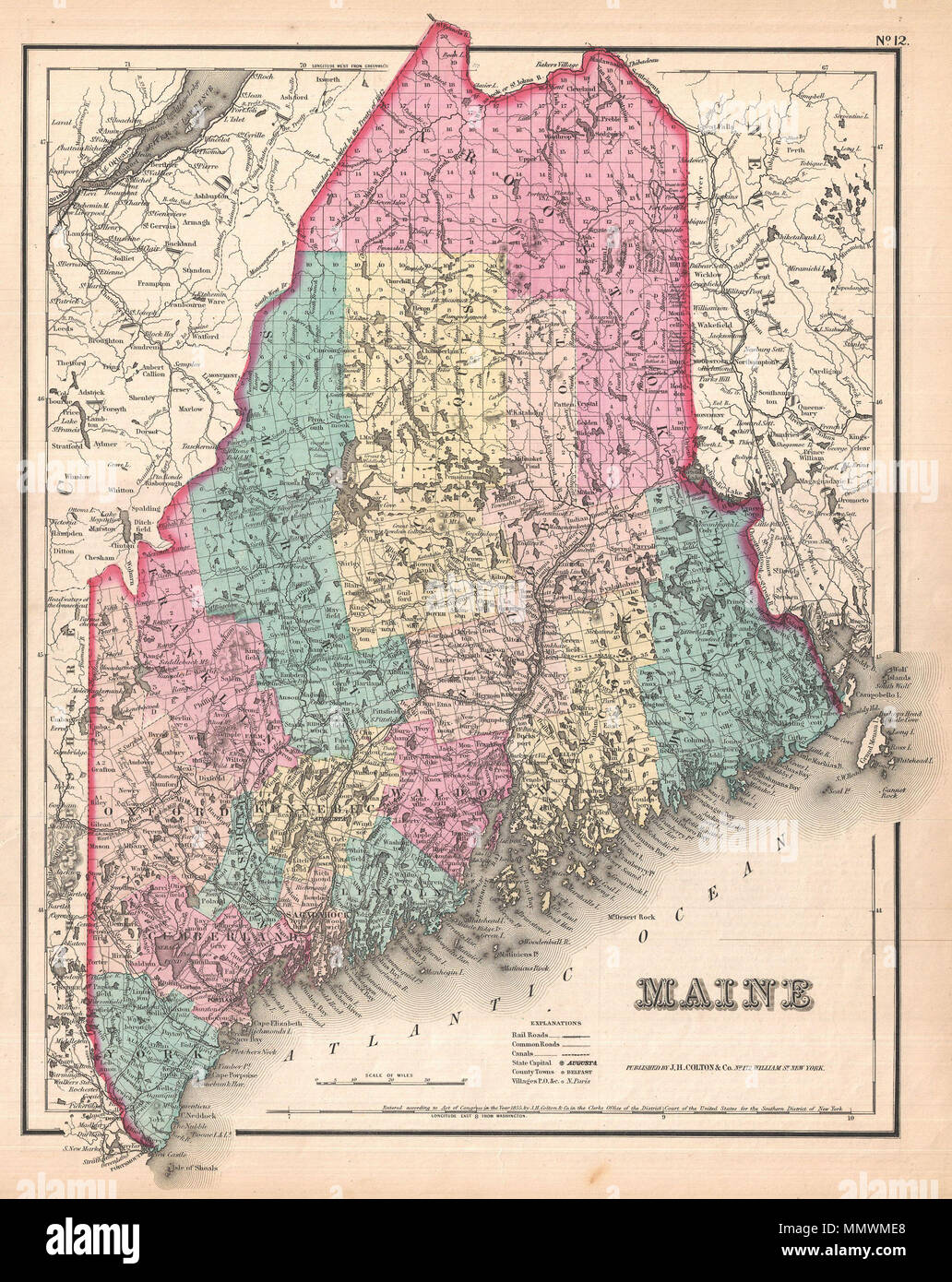 . Anglais : c'est le rare 1857 Question de J. H. Colton's site du Maine. Très détaillées et couvrant l'état dans son intégralité. Divisé et couleur codée selon le comté. Montre les routes principales et des chemins de fer ainsi que géologiques telles que lacs et rivières. Comme la plupart des cartes Colton cette carte est datée de 1855, mais plus vraisemblablement a été publié dans le numéro 1857 de l'Atlas de Colton . C'était la seule question de l'Atlas de Colton qui semblait sans sa marque de grilles frontière. Datée et protégé par copyright : "entré en fonction de la loi du Congrès de l'an de 1855 par J. H. Colton & Co. dans le bureau du greffier de Banque D'Images