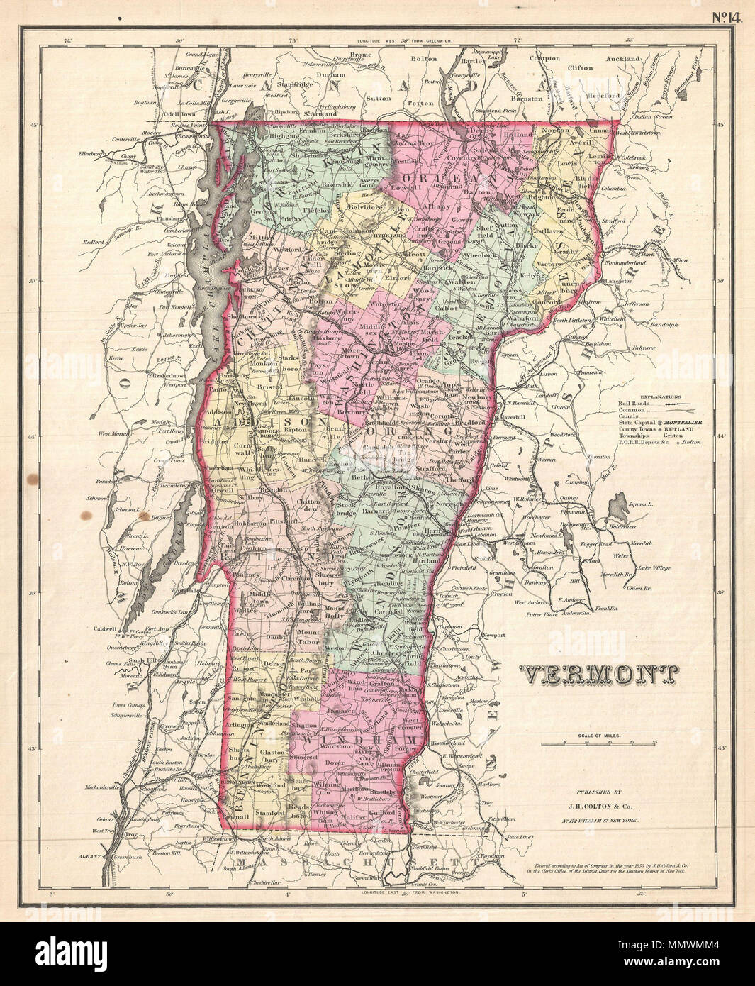 . Anglais : c'est le rare 1857 Question de J. H. Colton's site du Vermont. Couvre l'état dans sa totalité, y compris le lac Champlain à l'ouest. Divisé et couleur codée selon le comté. Montre les routes principales et des chemins de fer ainsi que géologiques telles que lacs et rivières. Comme la plupart des cartes Colton cette carte est datée de 1855, mais plus vraisemblablement a été publié dans le numéro 1857 de l'Atlas de Colton . C'était la seule question de l'Atlas de Colton qui semblait sans sa marque de grilles frontière. Datée et protégé par copyright : "entré en fonction de la loi du Congrès de l'an de 1855 par J. H. Colton & Co. Banque D'Images