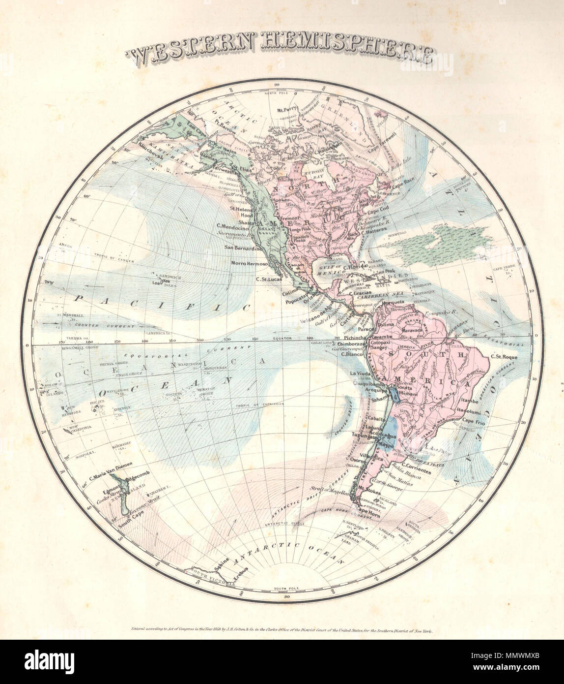. Anglais : ce rare carte colorée à la main est une plaque de cuivre gravure, datant de 1858 par le célèbre cartographe américain du xixe siècle Colton. Il s'agit d'une représentation de l'hémisphère occidental, y compris l'Amérique du Nord et du Sud. Caractéristiques océaniques comme la mer des Sargasses de cette carte est de la transition du Cabinet rares Colton Atlas. Ce rare carte indique les produits par région, de la température et de l'altitude. La région de l'or de Californie est clairement indiquée. La carte est datée de 1858. L'hémisphère ouest. 1858. 1858 Colton's Carte de l'hémisphère occidental - Geographicus - WesternHemi-colton-1858 Banque D'Images