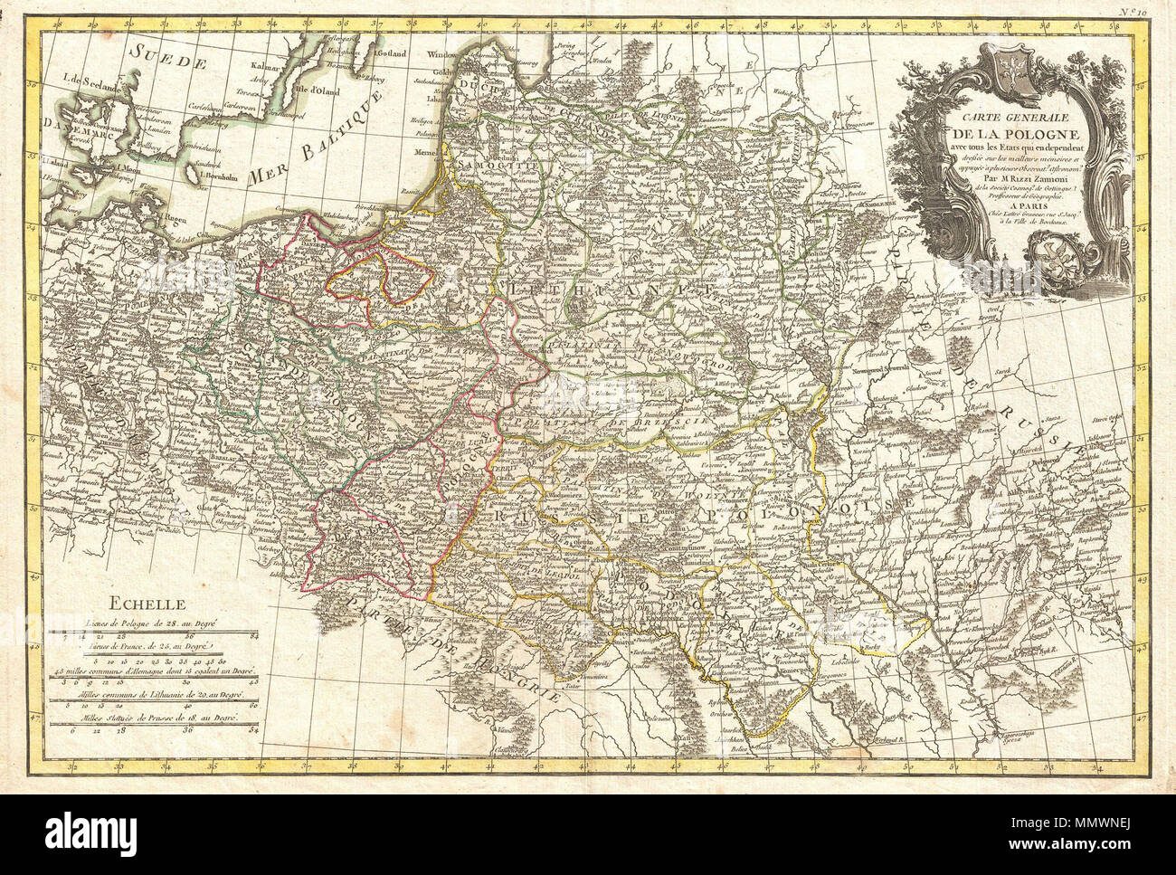 . Anglais : un bel exemple d'Rizzi-Zannoni c. Décoration 1771 Carte de la Pologne et de ses affluents. Le Danemark et l'Allemagne de l'est pour la Russie, au nord de la Livonie et du sud de la Hongrie. Comprend de la Lituanie, de la Prusse, la Grande Pologne, la Petite Pologne, et certaines parties de la Russie. L'Allemagne, la Hongrie et la Bohême. Une cartouche de titre décoratif de style baroque représentant le Polish Eagle Crest apparaît dans le quadrant supérieur droit. Dessiné par Rizzi-Zannoni c. 1771 pour cause comme la planche no 10 en 1776, Jean de Lattre question de l'Atlas moderne . Carte générale de la Pologne avec tous les Etats qui en dépendent Banque D'Images