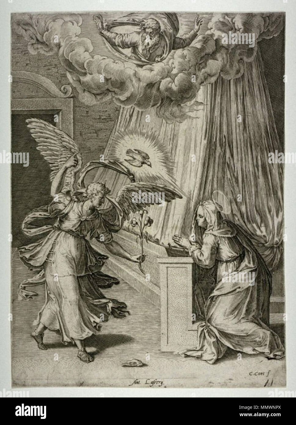 . Français : Gravat de l'Anunciació de Cornelis Cort (segle XVI) . 16e siècle. Cornelis Cort-Anunciacio Banque D'Images . Français : Gravat de l'Anunciació de Cornelis Cort (segle XVI) . 16e siècle. Cornelis Cort-Anunciacio Banque D'Images