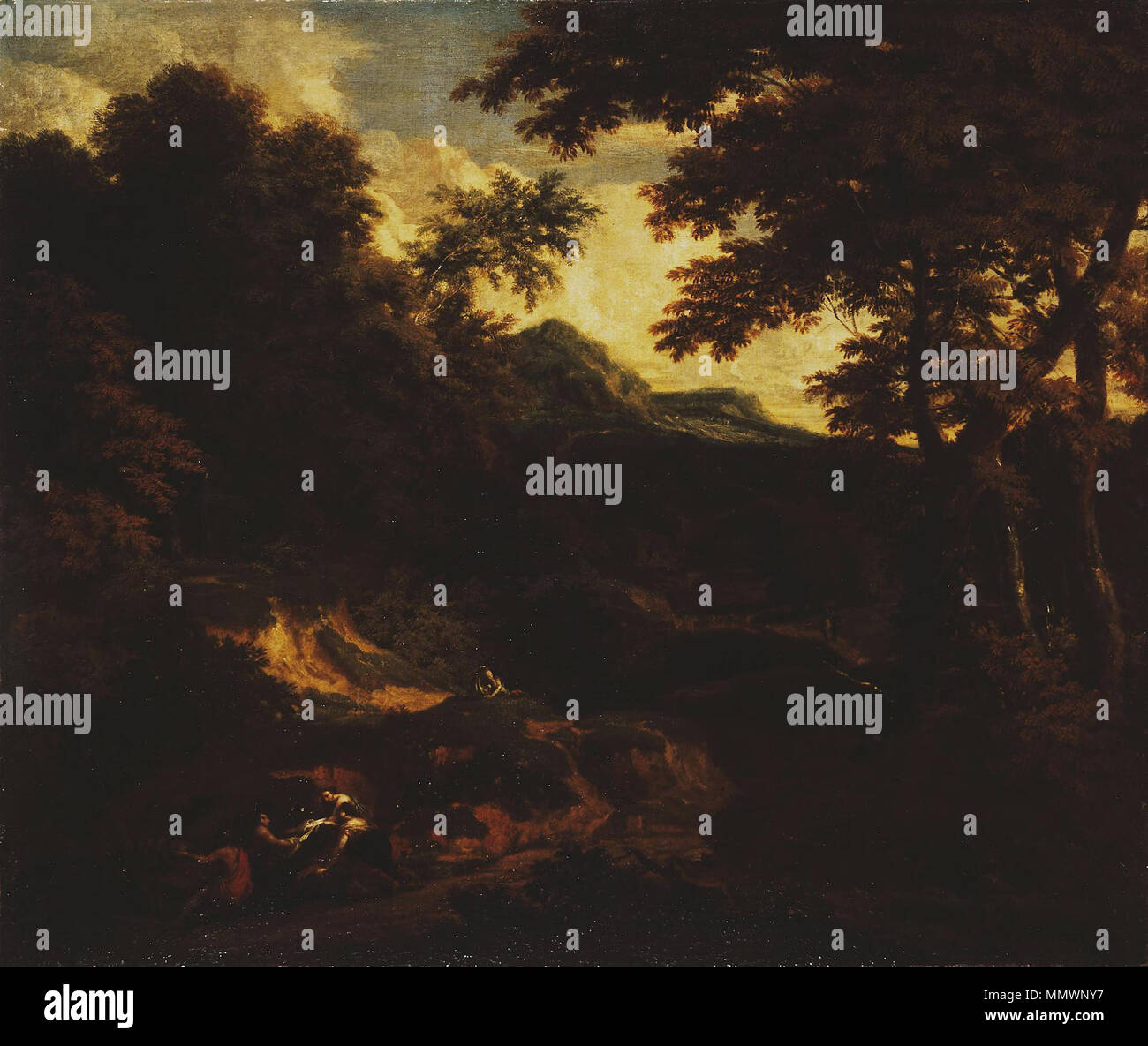 Paysage de forêt avec des chiffres par la route. Entre 1663 et 1727. Cornelis Huysmans - paysage de forêt avec des chiffres par la route Banque D'Images