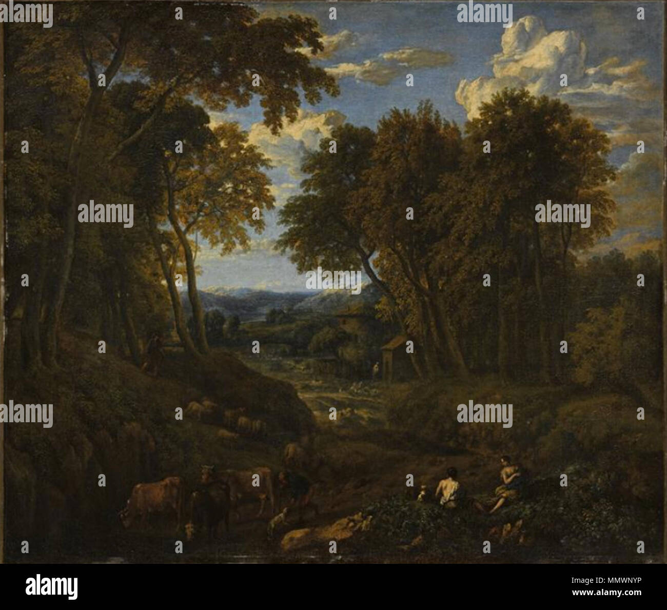 Paysage avec bergers et troupeau dans un chemin forestier. Entre 1670 et 1727. Cornelis Huysmans - paysage avec bergers et troupeau dans un chemin forestier Banque D'Images