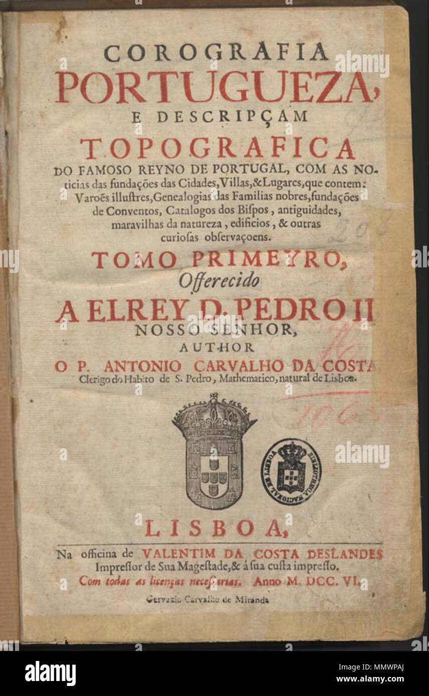 . Português : Página de trás da Corografia Portuguesa, 1706-1712 - Lisboa. Autoria de António Carvalho da Costa. . Entre 1706 et 1712. António Carvalho da Costa (1650-1715) Corografia Portuguesa Banque D'Images