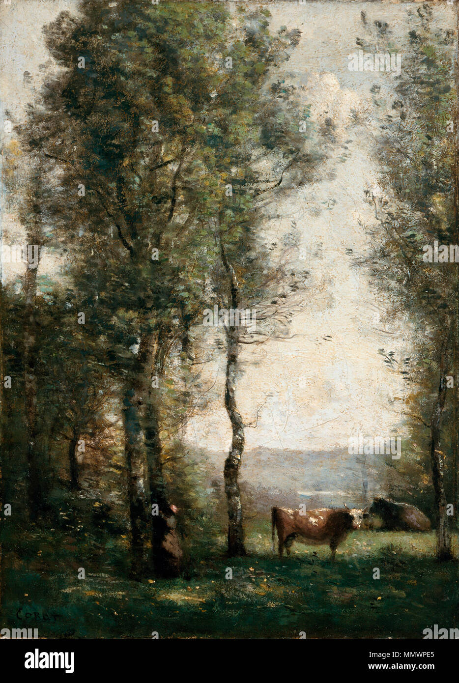 Anglais : Paysage boisé avec des vaches dans une clairière paysage avec vaches dans une clairière. circa 1855. Paysage boisé avec des vaches dans une clairière 58,15 LACMA Banque D'Images