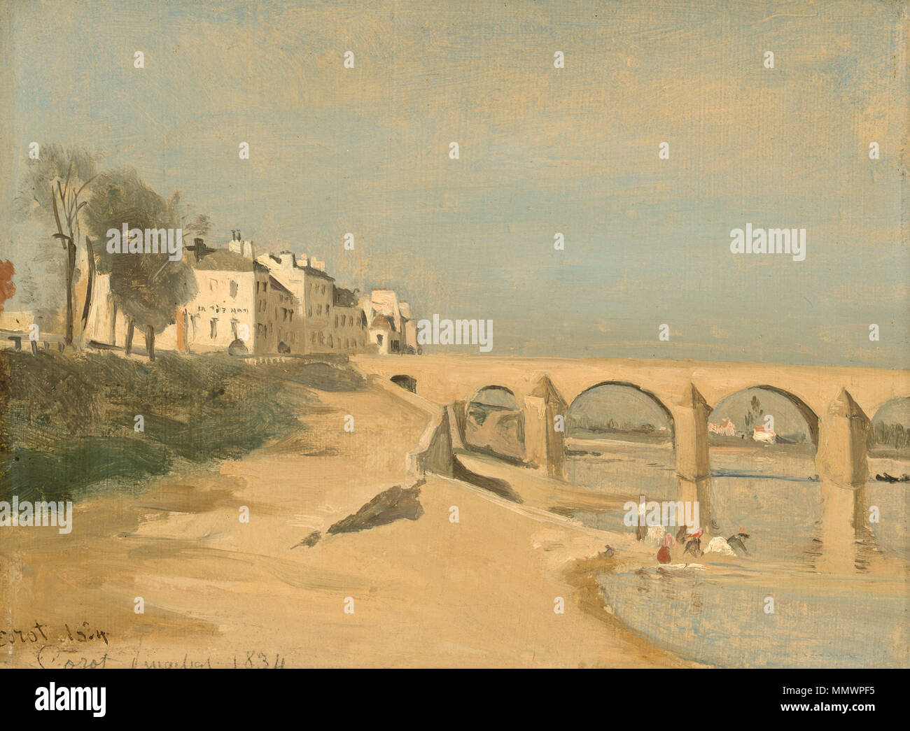 Pont sur la Saône à Mâcon peinture huile sur papier sur toile ; Total : 25 x 33,6 cm (9 13/16 x 13 1/4 in.) : 48,6 x 56,5 encadré x 6,4 cm (19 1/8 x 22 1/4 x 2 1/2 in.) ; pont sur la Saône à Mâcon par Jean-Baptiste-Camille Corot, 1834 Banque D'Images