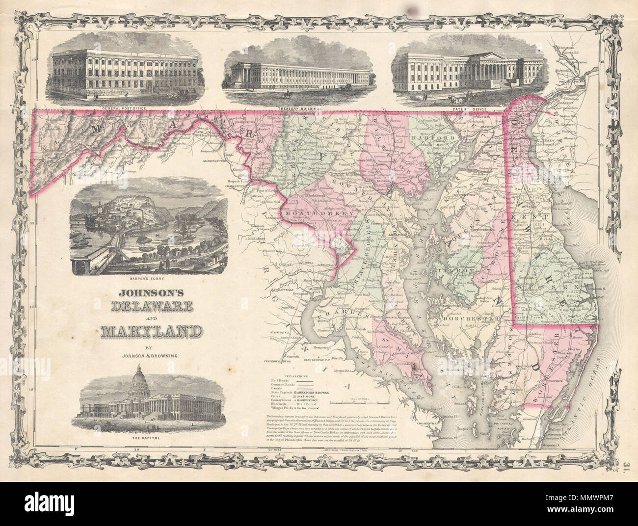 . Anglais : beau site du Maryland et Delaware datant de 1861. En haut de la carte, à ce que serait New York il y a trois idoles de bâtiments gouvernementaux importants : le General Post Office, le Conseil du Trésor, les bâtiments et l'Office des brevets dans le quart inférieur gauche il y sont gravés sur le Capitole et Harper's Ferry. Au bas de la carte, au centre, un bloc de texte décrit le travail de Mason & Dixon dans l'Illinois Maryland dessin / frontière le long du 38e parallèle. L'ensemble est entouré d'un joli travail strap-frontière. Cartographique de cette carte Banque D'Images