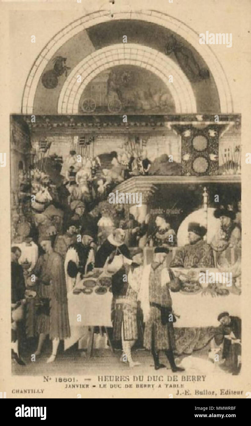 . Français : Carte postale représentant une enluminure du livre d'heures Les Très Riches Heures du duc de Berry - Janvier - Le duc de Berry à table, éditeur J.-E. Bulloz, Chantilly. . 1925. Photo : Jacques Ernest Bulloz (1858-1942) Description L'éditeur français, photographe et écrivain Date de naissance/décès 20 avril 1858 1942 Lieu de naissance/décès Paris Paris 1910-1936 Période de travail, lieu de travail Paris contrôle d'autorité : Q3157912 : VIAF ?38023462 ISNI : ?0000 0000 7691 5953 ULAN : ?500088736 RCAC : ?n88603070 GND : ?130360473 WorldCat cpa-es-bulloz18601janvier Banque D'Images