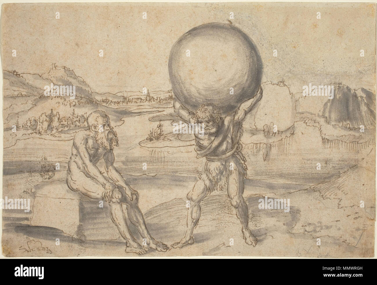 R-20091211-0003.tif Lucas Cranach l'ancien (Allemand, 1472 - 1553 ), Hercules soulager atlas du monde entier, ch. 1530, plume et encre noire et grise pinceau lavis sur la craie sur papier vergé, les fonds permanents Lucas Cranach d.Ä. - Herkules und Atlas (National Gallery of Art) Banque D'Images R-20091211-0003.tif Lucas Cranach l'ancien (Allemand, 1472 - 1553 ), Hercules soulager atlas du monde entier, ch. 1530, plume et encre noire et grise pinceau lavis sur la craie sur papier vergé, les fonds permanents Lucas Cranach d.Ä. - Herkules und Atlas (National Gallery of Art) Banque D'Images