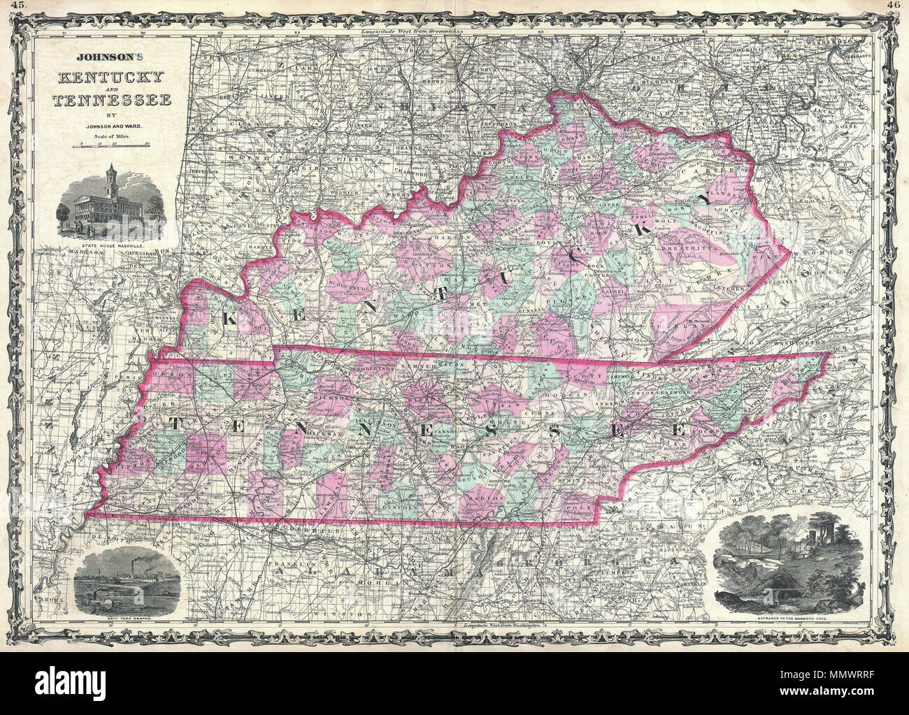 . Anglais : un bel exemple de A. J. Johnson, 1862 site du Kentucky et du Tennessee. Probablement le plus décoratives de Johnson's Kentucky-Tennessee série, cette carte exceptionnelle offre un aperçu fascinant de ces États sécessionnistes peu après le déclenchement de la guerre civile américaine. La carte montre les deux membres au complet avec codage par couleur selon comté. Décoration gravée sur la "State House Nashville", la "Navy Yard Memphis", et la "Entrée de la grotte Mammoth" décorer le coin supérieur gauche, inférieur gauche, et quadrants inférieur droit, respectivement. Caractéristiques le style strapwork border com Banque D'Images