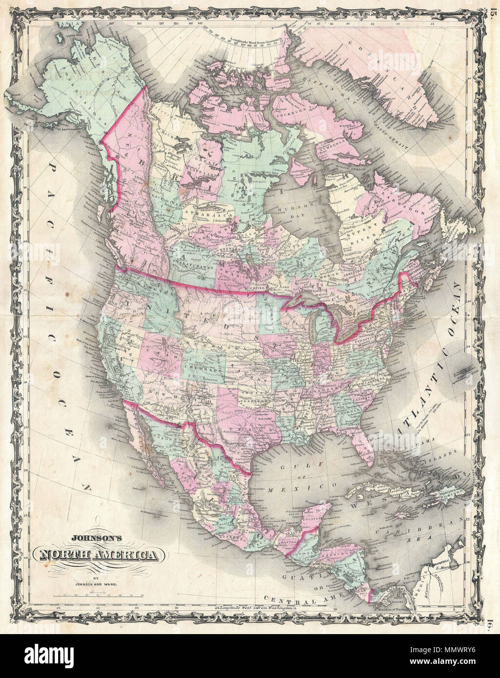 . Anglais : un bel exemple de A. J. Johnson, 1862 Carte de l'Amérique du Nord. Offre un aperçu fascinant de l'Amérique du Nord, en particulier les États-Unis, le Canada et le Mexique, juste après le déclenchement de la guerre civile américaine. Environ 1861 membres suivre la configuration avec frontières archaïques entre le Nevada et la Californie et le Nevada et l'Utah, dont la capitale est noté comme Fillmore Ville. Cette carte ne montre pas la jeune territoire confédéré de l'Arizona. Le Nebraska s'étend à l'ouest jusqu'à l'Utah et un État de Washington massive des frontières avec Dakota. Plusieurs itinéraires transcontinentaux sont show Banque D'Images