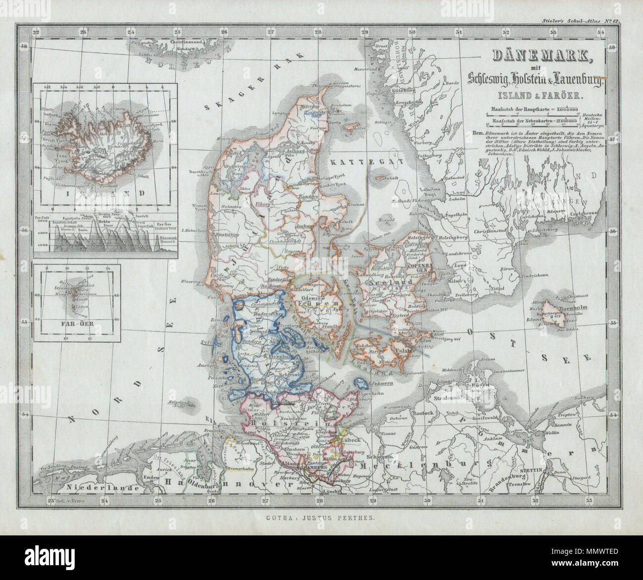 . Anglais : Cette fascinante 1862 site par Justus Perthes et Stieler représente le Danemark, Schleswig Holstein,, l'Islande et les Îles Féroé. Il y a des cartons intérieurs de l'Irlande et les Îles Féroé. Dans un écran d'image de Perthes cartographique des cartes, un profil d'altitude des terres est représenté sur le bas de la carte de l'Islande. Contrairement à d'autres éditeurs de cartographie de la période, la firme Justus Perthes, n'a pas de transition vers des techniques d'impression lithographique. Au lieu de cela, l'ensemble de ses cartes et gravures sur plaque de cuivre sont, par conséquent, offrir un niveau de caractère et le degré de détail qui était impossible à trouver dans l Banque D'Images