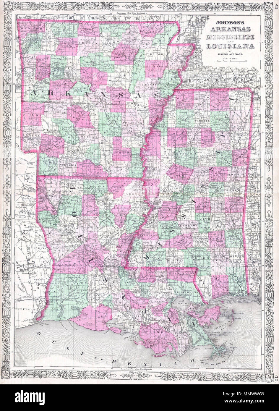 . Anglais : Il s'agit d'une lithographie 1864 magnifiquement coloriés à la main la carte de l'Arkansas, de la Louisiane et du Mississippi. Affiche les états dans de beaux détails tels qu'ils apparaissaient à la fin de la guerre civile américaine. Johnson's Arkansas Mississippi et de la Louisiane.. 1864. 1864 Johnson Plan de la Louisiane, du Mississippi et de l'Arkansas - Geographicus - MSLAAK-j-64 Banque D'Images