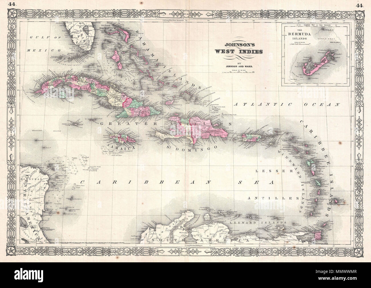 . Anglais : Une belle première édition Exemple de A. J. Johnson's très décoratif 1864 map of the West Indies. La carte couvre depuis la Floride jusqu'au Venezuela et du Honduras à la Barbade. Inclut les Bahamas, Cuba, Jamaïque, Saint Domingue (Hispaniola), Porto Rico, et les Petites Antilles ou des îles Britanniques au vent. Un carton intérieur Bermudes apparaît dans le quadrant supérieur droit. Cette carte propose également certains détails offshore avec les sondages de profondeur dans la Banque de Jamaïque, Pedro au large des côtes du Nicaragua, et dans le banc des Bahamas. Grandes îles disposent d'un code de couleurs selon les districts. Tout au long, Johnson identifie v Banque D'Images