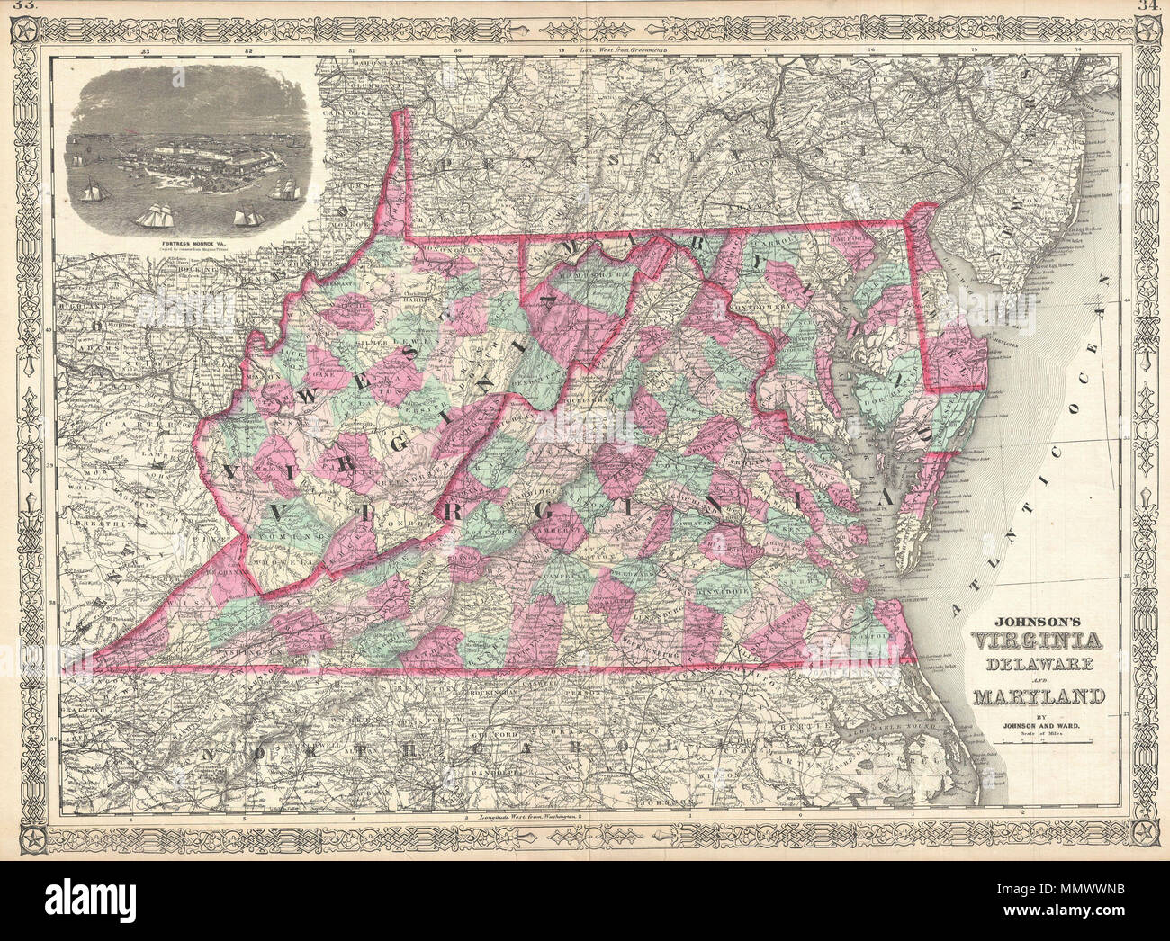 . Anglais : Il s'agit d'une lithographie 1864 magnifiquement coloriés à la main carte de la Virginie, le Delaware, le Maryland et la Virginie de l'Ouest. Carte présente les villes, les comtés, les caractéristiques topographiques, des chemins de fer, les traversiers et les routes avec codage couleur au niveau des comtés. En raison des événements de la guerre civile américaine et la séparation de la Virginie et de la Virginie-Occidentale, Johnson's plan de cette région a connu de nombreuses éditions différentes à partir de 1861. Cette édition, 1864, est particulièrement éphémère et dispose d'une vue gravée de la forteresse Monroe, Virginie. Publié par A. J. Johnson et Ward que plaques 33-34 dans l'édition 1864 Banque D'Images