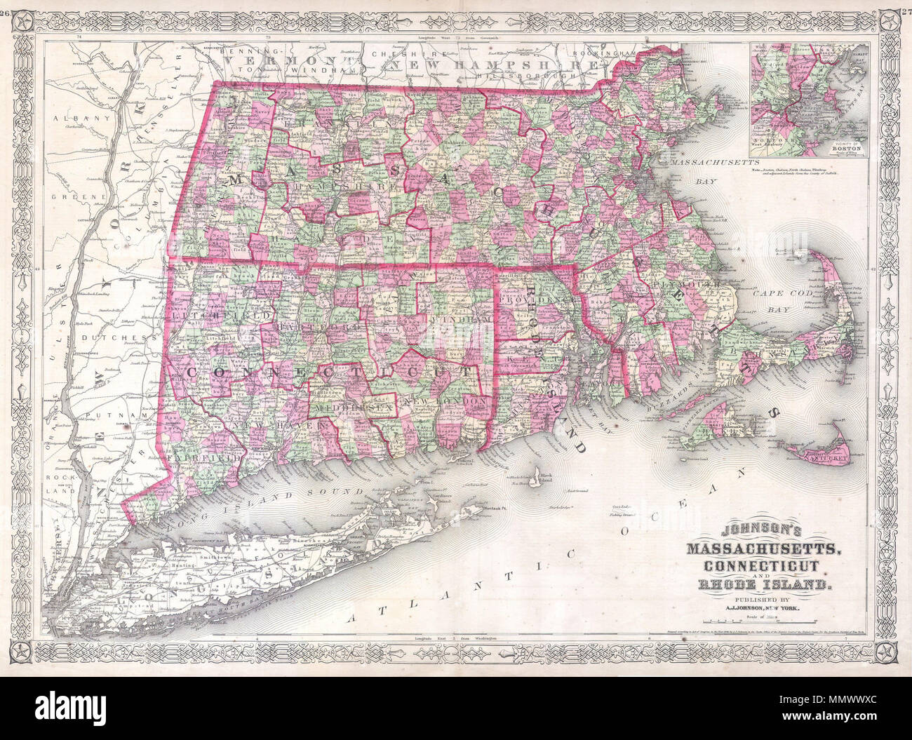 . Anglais : Il s'agit d'une lithographie 1864 magnifiquement coloriés à la main la carte du Massachusetts, Connecticut, Rhode Island et Long Island. Il y a un plan d'encart Boston & Environs. Cet important site est apparu peu après la fin de la guerre civile américaine. La carte est datée et protégé par le "conformément à la loi du Congrès de l'année 1864 par A. J. Johnson dans le bureau du greffier de la Cour de District des États-Unis pour le district sud de New York. Johnson, du Massachusetts, du Connecticut et du Rhode Island.. 1864. 1864 Johnson's Plan de Massachusetts, Connecticut, Rhode Island et - Geographicus - MARIC Banque D'Images