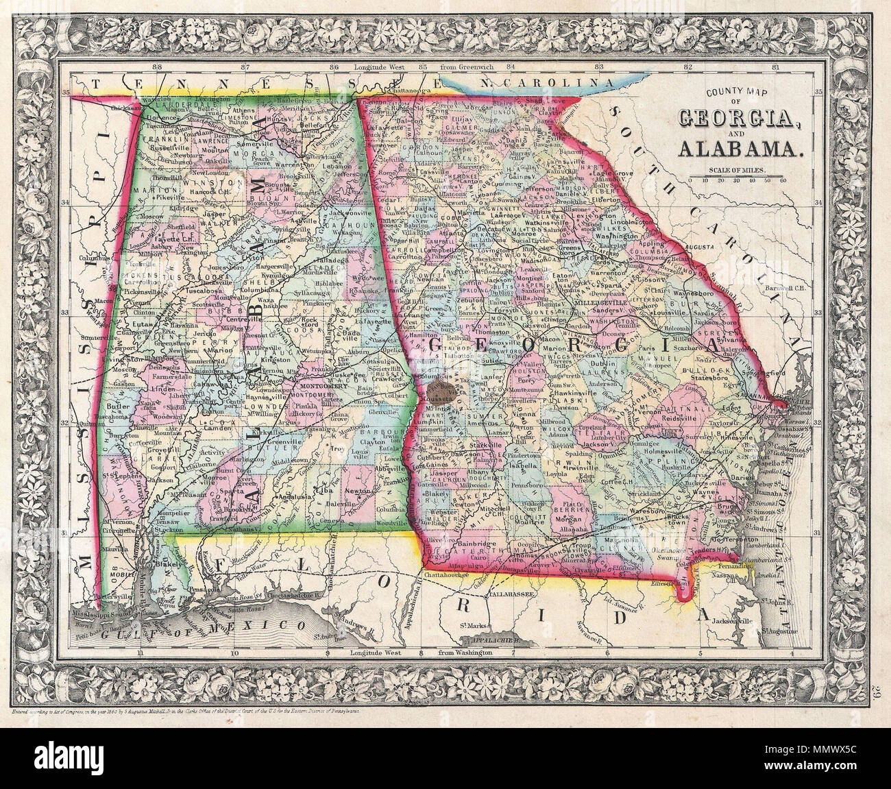 . Anglais : un bel exemple de S. A. Mitchell Jr.'s 1864 Carte de la Géorgie et de l'Alabama. Au niveau du comté détaillé avec attention, les entités géographiques communes, projet de chemins de fer, et les villes. L'une des plus belles cartes de l'atlas de la région d'apparaître dans le milieu du 19ème siècle. Les caractéristiques typiques de la frontière floral Mitchell de cartes à partir de la période 1860-1865. Préparé par S. A. Mitchell pour l'inclusion comme 29 dans la plaque de 1864 Question de Mitchell's New Atlas général . Datée et protégé par copyright, "entré en fonction d'une loi du Congrès dans l'année 1860 par S. Augustus Mitchell Jr. dans le bureau du greffier de l' Banque D'Images
