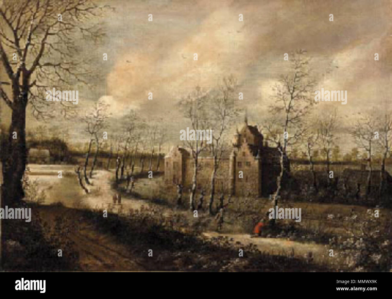 Paysage boisé avec les chasseurs sur un chemin, un château au-delà. Entre 1627 et 1664. Daniel van Heil - Paysage boisé avec les chasseurs sur un chemin, un château au-delà Banque D'Images