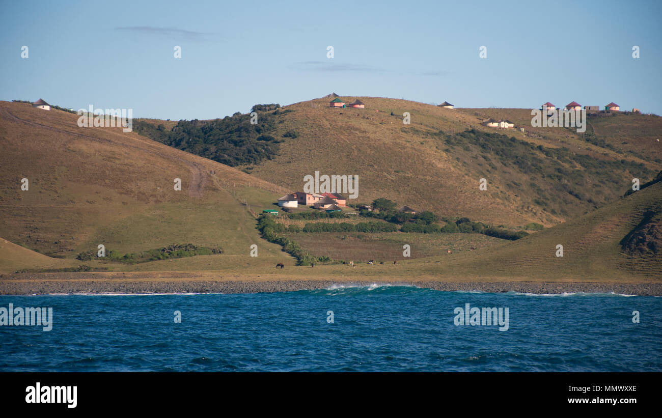Maisons typiques sur les collines de Coffee Bay, Eastern Cape, Afrique du Sud de la Côte Sauvage Banque D'Images