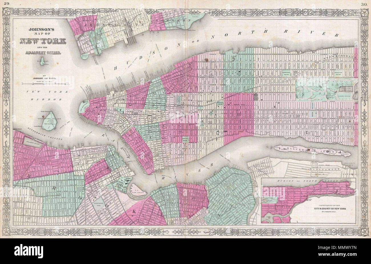 . Anglais : une belle carte en couleur à la main de la ville de New York et de Brooklyn datant de 1865. Couvre l'île de Manhattan et le quartier de Brooklyn ainsi que certaines parties de Jersey City et Hoboken. Johnson's plan est fortement basé sur le troisième état de J. H. Colton's New York City carte de l'atlas. Central Park est illustré dans le grand détail et en incarnation antérieure et que l'on connaît aujourd'hui avec le réservoir de réception dans l'endroit de la grande pelouse. Les ferries important tournant entre New York, Brooklyn, Queens, et du New Jersey, sont tous mentionnés. Dans le Queens, nous pouvons voir le Long Island Railroad laissant Fl Banque D'Images