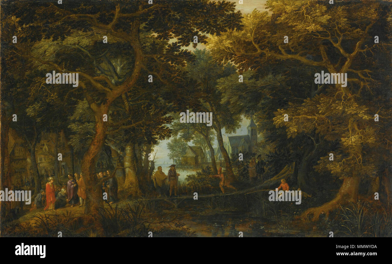 . Paysage de forêt avec deux des miracles du Christ. Signé en bas à gauche le monogramme sur arbre : DvB. Paysage de forêt avec deux des miracles du Christ. en 1633. David Vinckboons paysage forestier avec deux des miracles du Christ Banque D'Images