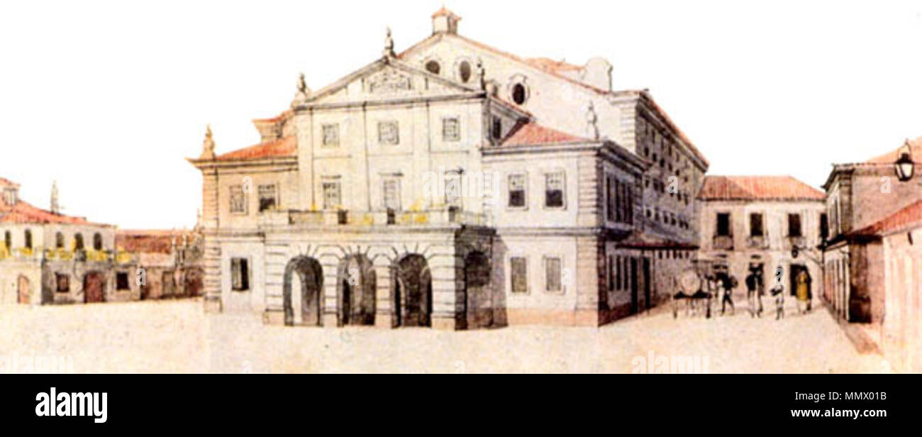 . Anglais : Façade de Sao Joao Theatre à Rio de Janeiro, Brésil . circa 1834. Debret-SaoJoaoTheater-1834 Banque D'Images