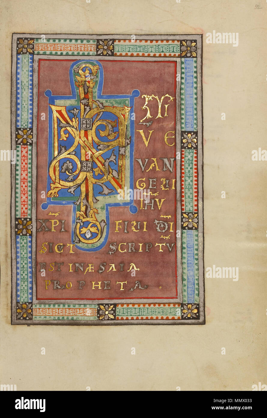 . Avec des lettres encadrées par une bordure à motifs géométriques, cette page marque le début de l'Evangile de Marc : Initiu[m] evangelii Ih[es] p[u]i ist filii d[e]je sicut scriptu[m] est in Esaia propheta (le début de l'Évangile de Jésus Christ, Fils de Dieu, comme il est écrit dans Ésaïe le prophète...). Un portrait de l'évangéliste Marc page précédente fait face à cette page de texte richement décorées. Décorées Incipit Page. Sur 1120 - 1140. Décorées Incipit Page - Google Art Project (6806934) Banque D'Images