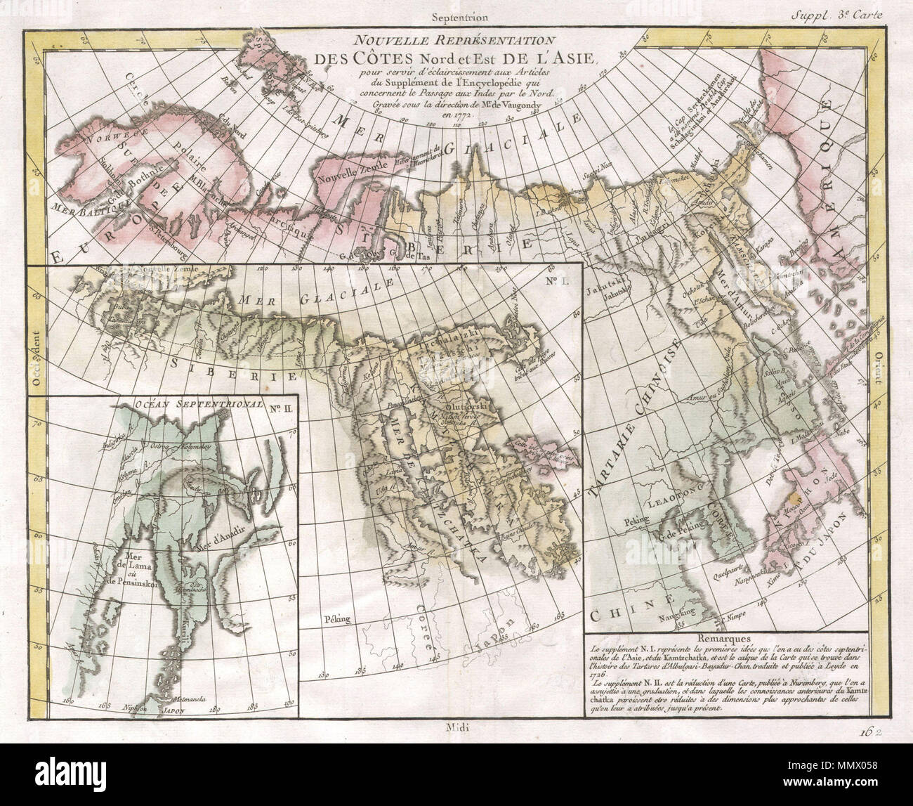 . Anglais : une carte comparative des trois théories contradictoires sur le passage du nord-est, le nord-est des côtes de l'Asie et le nord-ouest américain. Le passage du nord-est, tout comme le Passage du Nord-Ouest américain, a été une longue route maritime recherchée par l'Arctique qui permettrait de sauver le navire marchand européen aux dépens de l'arrondissement l'Afrique afin d'accéder à la richesse du commerce de l'Asie orientale. Cette carte, dans l'un des premiers à obtenir des exemples de cartographie comparée, énonce trois théories concernant le nord-est de l'Asie. Connaissance de la région était, à l'époque, spéculatif, au mieux. Montre beaucoup d'inconnu est Banque D'Images