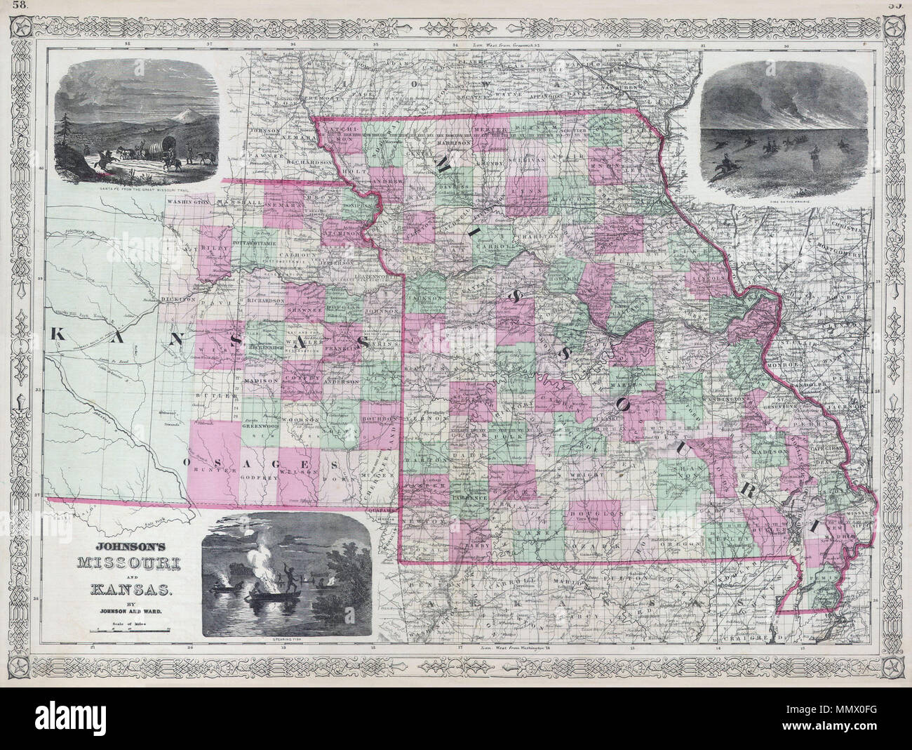 . Anglais : c'est Johnson et Ward's 1866 site du Missouri et du Kansas. Couvre l'état divisé en comtés, avec une attention particulière pour le transport, en particulier les routes, les voies ferrées et les canaux. Dispose de trois gravures sur bois en médaillon : "le feu dans la prairie", Santa Fe à partir de la Grande Maine Trail" et les Indiens des "poissons" de nuit au harpon de canots de la rivière. Représente les deux états dans une configuration avec l'ouest du Kansas largement inexplorée. Comprend des routes importantes comme la route de Santa Fe et du tracé proposé de l'Union Pacific Railroad. Également noté a de nombreuses tribus indiennes américaines, des forts Banque D'Images