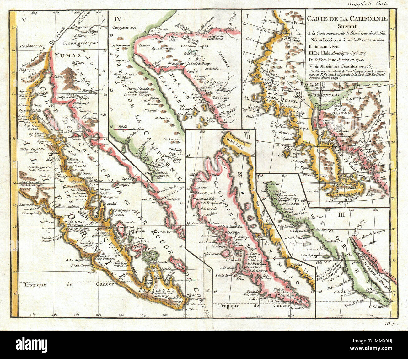 . Anglais : un rare et important site de Californie dans cinq états différents, allant d'environ 1656 à 1767. Gravée par le cartographe français Robert de Vaugondy, pour le c. Édition 1770 du Denis Diderot (1713-84) ENCYCLOPEDIE . Ce site explore l'état de confusion de la cartographie de la Californie à la fin du xviiie siècle. Examine la découverte graduelle de la Californie à travers différents mappages séminal. Utilise, par le travail de cartographe italien Matheau Neron Pecci (1604) qui suppose que le bien principal corps de Californie étendue vers le sud dans une péninsule. Le prochain site i Banque D'Images