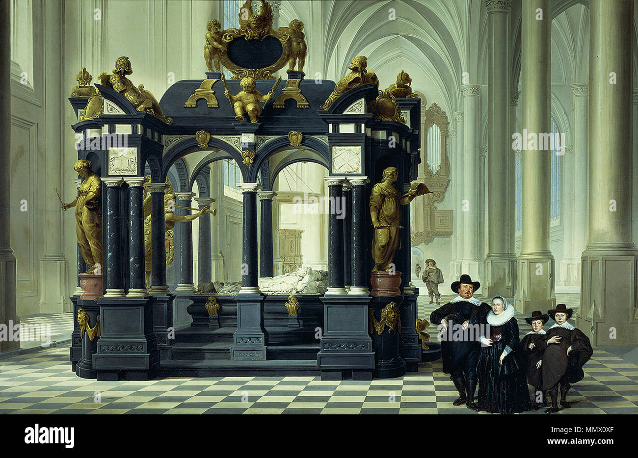 . Portrait d'une famille inconnue debout à côté de la tombe de Guillaume le Taciturne dans la Nieuwe Kerk à Delft. Une famille à côté de la tombe de Willem I dans la Nieuwe Kerk, Delft.. 1645. Willem.zwijger.grablege.delft Banque D'Images