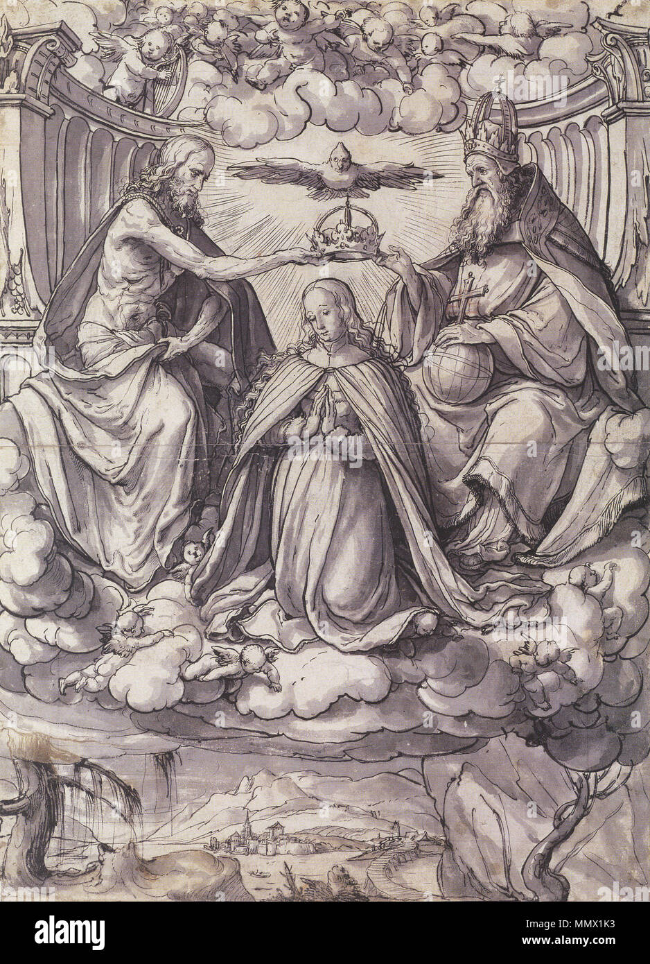 . Anglais : Conception d'un vitrail avec le couronnement de la Vierge. Plume et encre sur avant-dessin à la craie, gris et lavis, craie rouge révision sur la croix du monde, 43,1 × 31,3 cm, Kunstmuseum de Bâle. L'un d'un certain nombre de dessins de vitraux fabriqués par Holbein durant son séjour à Lucerne à partir de 1517 à 1519 vers 1518 .. Hans Holbein (1497/1498-1543) Noms alternatifs Hans Holbein der Jüngere Hans Holbein, peintre et dessinateur allemand Description Date de naissance/décès 1497 ou 1498 entre 7 octobre 1543 et 29 novembre 1543 Lieu de naissance/décès L'Augsbourg Banque D'Images