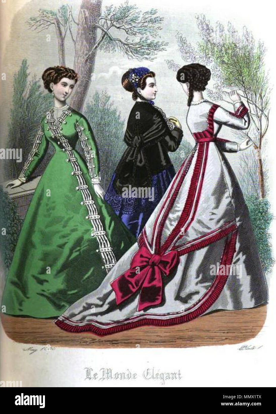 . Anglais : Fig 1 - COSTUME D'ACCUEIL : Robe en soie verte de Metternich, faite de plats à la polonaise. Par Madame Prost, Boulevard des Italiens, Paris. Fig 2 - Promenade de l'APRÈS-MIDI : Robe Robe de soie violette avec Paletot-Mantelet de soie noire. Par Madame Adolphe, Boulevard des Italiens, Paris. Fig 3 - COSTUME D'ACCUEIL : Robe de soie de couleur ardoise garni de soie ruby. Par Madame Pietfort, 1, rue de la Grange Batellier, Paris. "La grande nouveauté de la saison est la Polonaise robe, avec l'ouverture de fronts dans une direction oblique, comme illustré par la figure 1 de la plaque 1, et de ce qui nous donne maintenant le p Banque D'Images