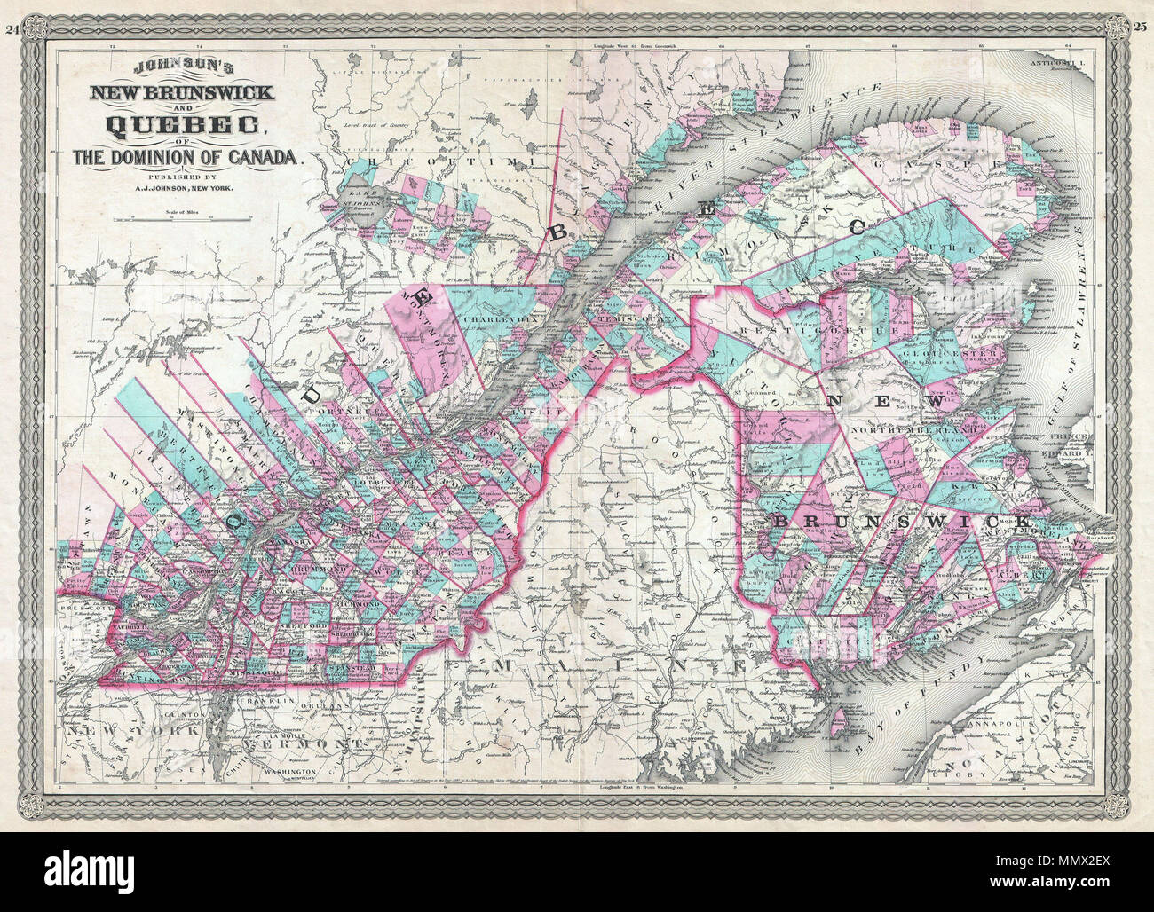 Anglais : c'est A. J. Johnson, 1870 Carte du Québec et du  Nouveau-Brunswick, Canada. Montre la région de façon très détaillée avec  codage par couleur en fonction de comté et district.