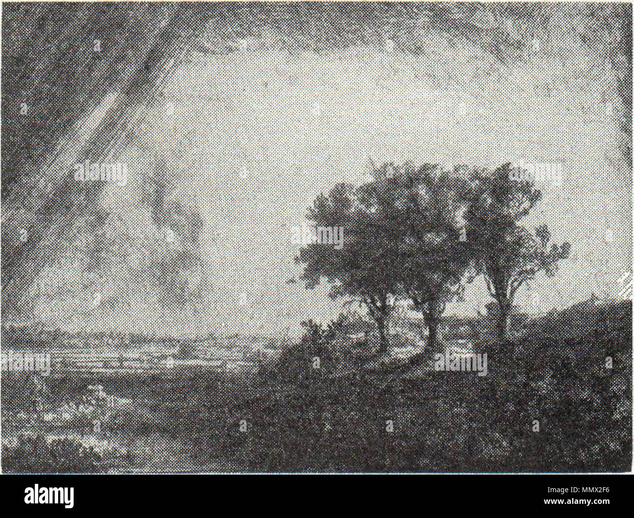 Deutsch : Die drei Bäume Français : Les trois arbres Nederlands : De drie bomen . 1643. Die Landschaft mit den drei baeumen noir et blanc Banque D'Images