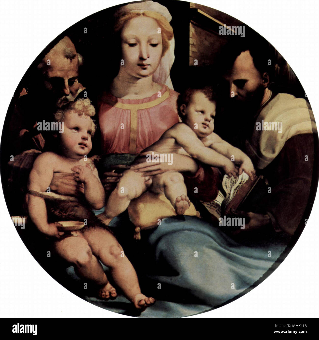 Deutsch : Die Heilige Familie mit dem Täufer Johannes und einem Stifter, Tondo . circa 1530-1535. Domenico Beccafumi 024 Banque D'Images