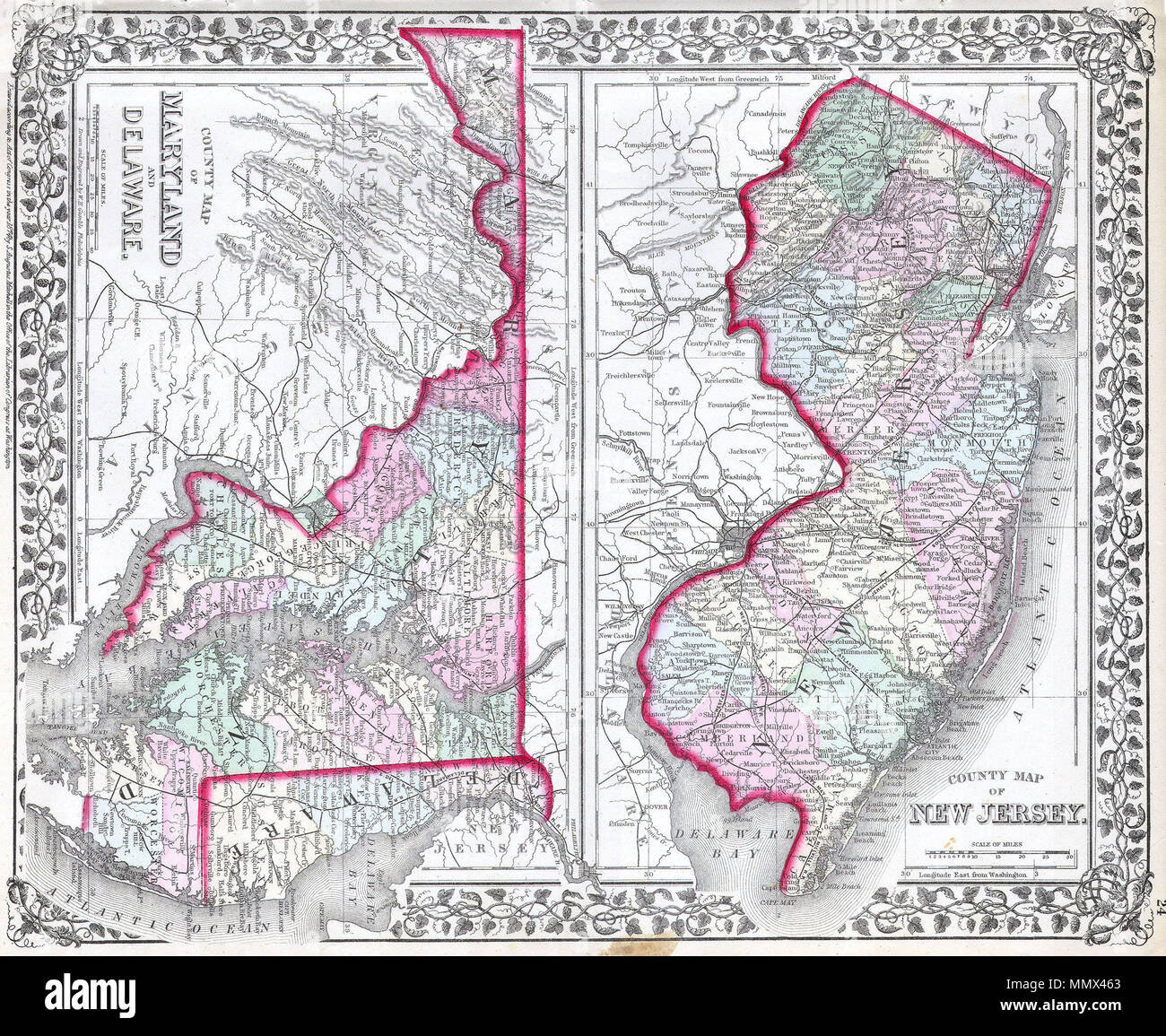. Anglais : cette main de carte antique de couleur du Maryland, du Delaware et du New Jersey est une gravure lithographique datant de 1874 par le légendaire site publisher Samuel Augustus Mitchell Jr. Villes et villages sont indiqués en détail. Mitchell's Map of Maryland, New Jersey et Delaware.. 1874. 1874 Mitchell Site du Maryland, New Jersey et Delaware - Geographicus - MDDENJ-m-1874 Banque D'Images