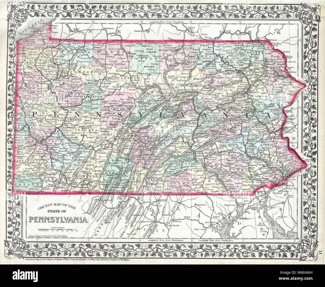 . English : main cette carte en couleur est une gravure lithographique, datant de 1874 par le légendaire cartographe S.A. Mitchell Jr. c'est une rare représentation de Pennsylvanie. La Pennsylvanie.. 1874. 1874 Mitchell Site de Pennsylvanie - Geographicus - PA-m-1874 Banque D'Images