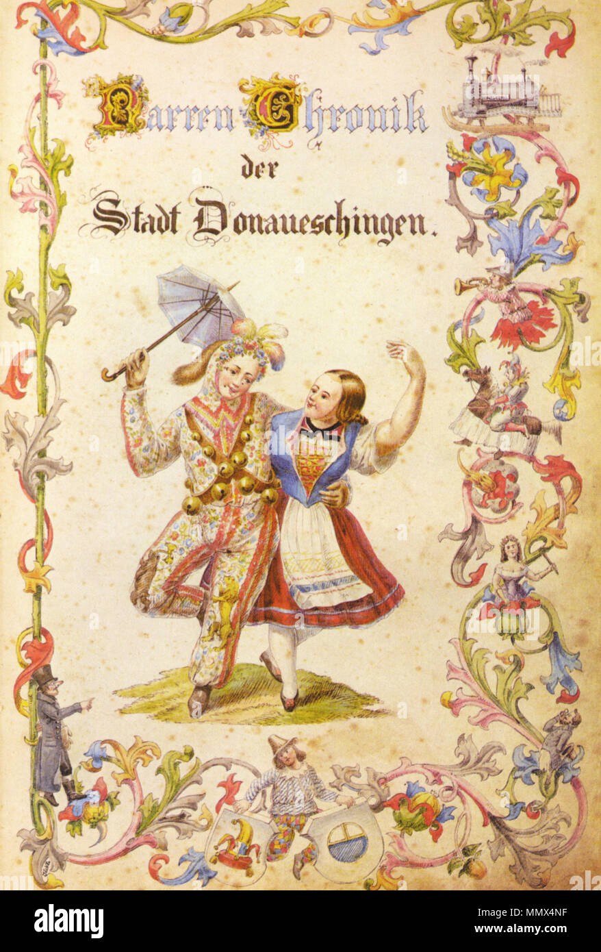 . Titelblatt (Narren-Chronik Eintragungen Der erste von 1856), mit Hansel und Gretele . 1856. Donaueschingen anonyme Narren-Chronik Gretele Hansel und Banque D'Images