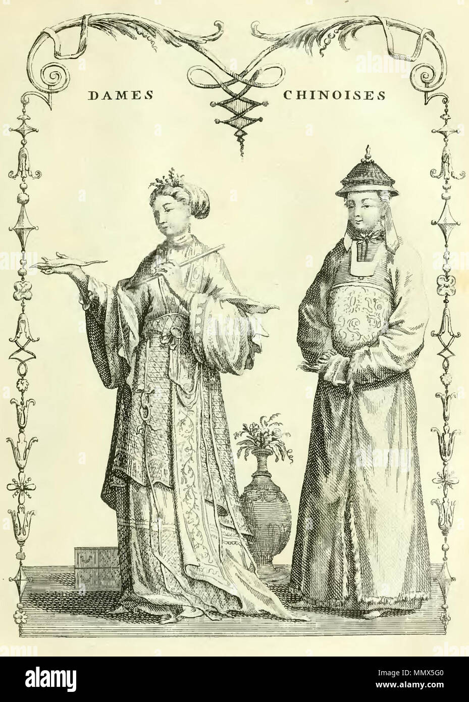 . English : Gravure extraite de Description de la Chine, édition de La Haye 1736. Volume 2. page 95. Dames Chinoises en habit d'hiver, et en négligé. . 1736. Jean-Baptiste Du Halde (1674-1743) et l'historien jésuite français Description Date de naissance/Décès 1 Février 1674 18 août 1743 Lieu de naissance/décès Paris Paris contrôle d'autorité : Q1354427 : VIAF ?59162005 ISNI : ?0000 0000 8138 1095 RCAC : ?n83041690 NLA : ?35854985 GND : ?104363665 WorldCat Du Halde - Description de la Chine - Vol 2 feuille 121 Banque D'Images