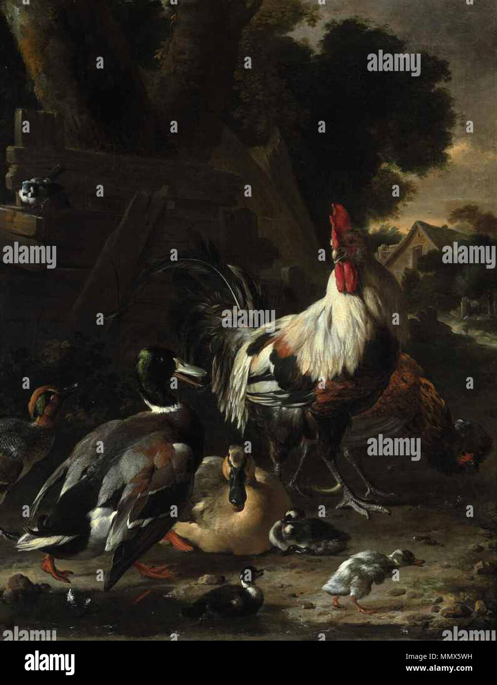 . Anglais : canards, poules et autres oiseaux dans une cour Canards, poules et autres oiseaux dans une cour Banque D'Images