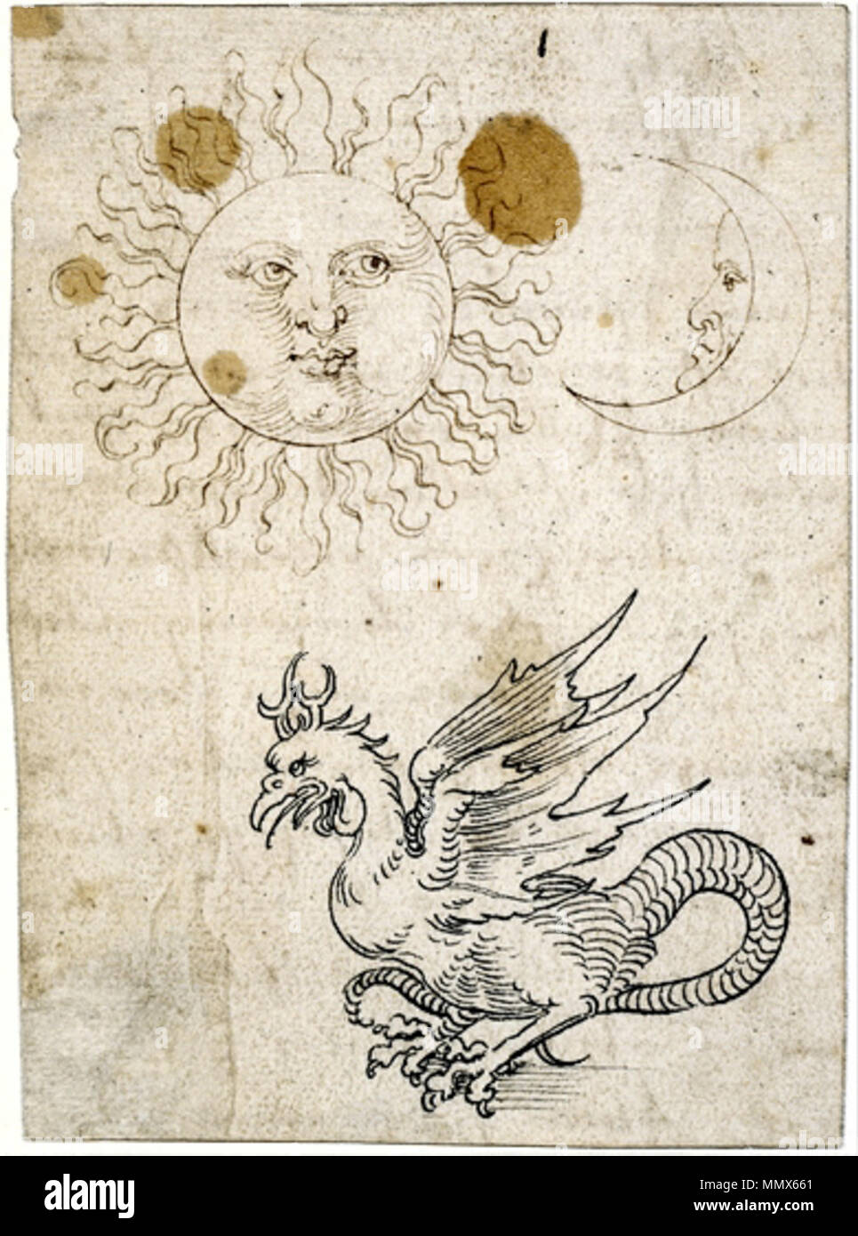 Anglais : Un dessin du soleil, de la lune et un basilic servant  d'illustration pour le concept de 'eternity'. Il est fait sur le dos d'un  manuscrit de la traduction de '