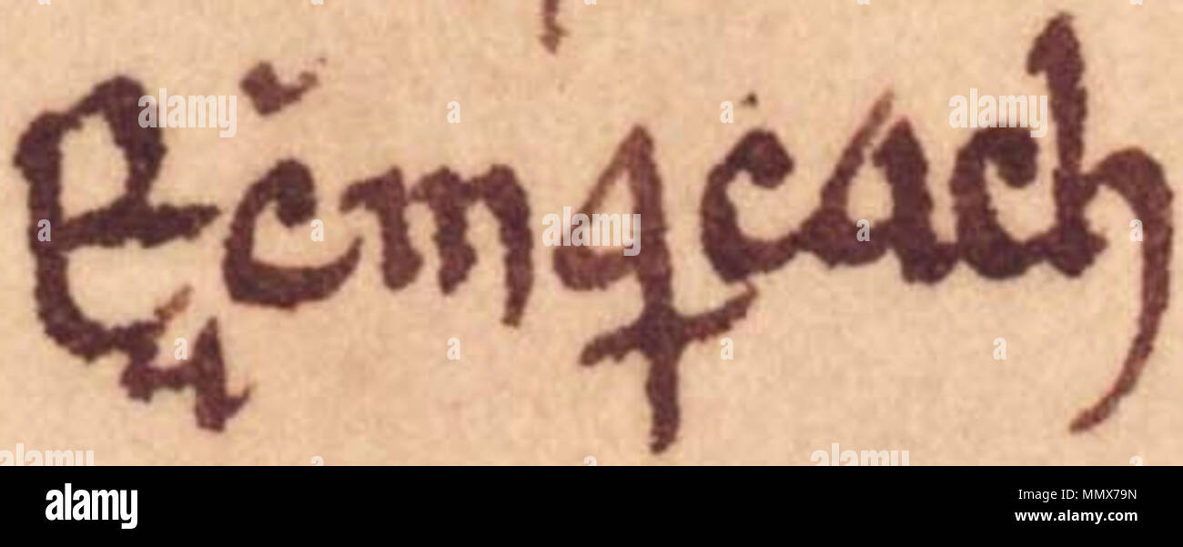 Anglais : un extrait du folio 42v de l'Oxford Bodleian Library MS Rawlinson  B 489 (les annales d'Ulster). L'extrait qui enregistre le nom de Echmarcach  mac Ragnaill (mort en 1064/1065) dans